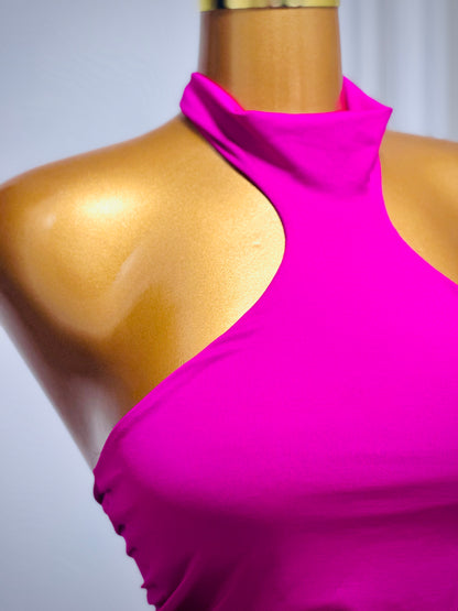 High-Neck Draped Halter Top - Deep Burgundy and Pink