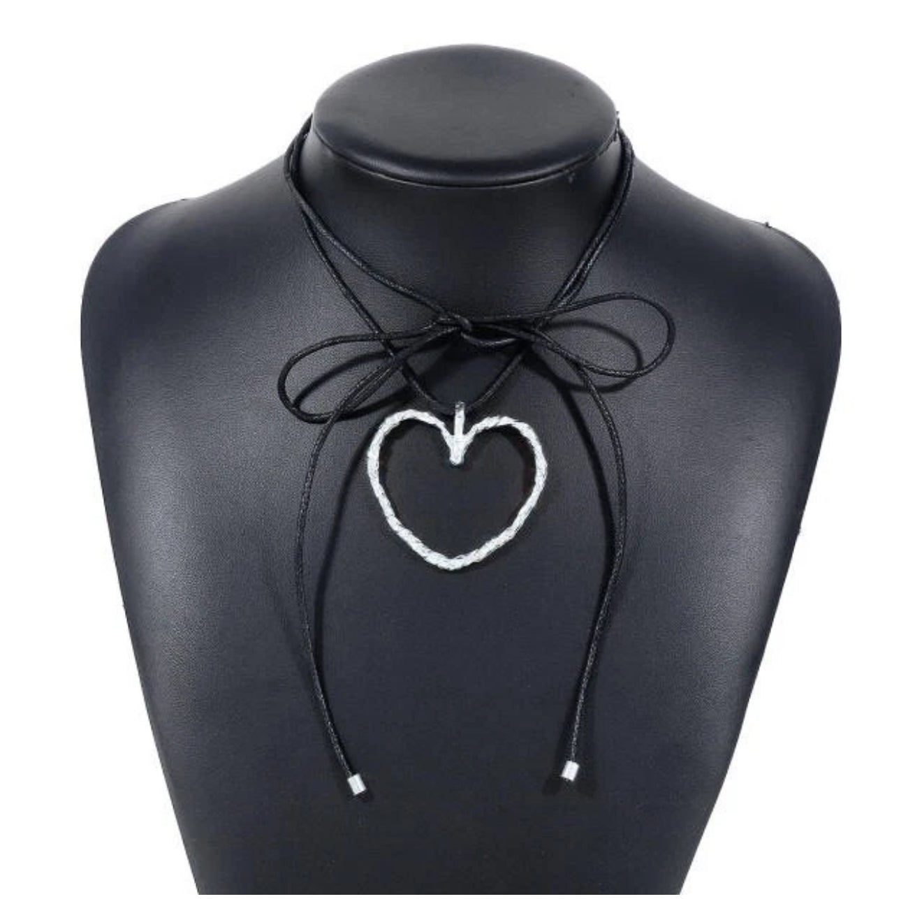 Hollow heart black wax rope strappy choker necklace