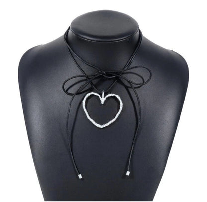 Hollow heart black wax rope strappy choker necklace
