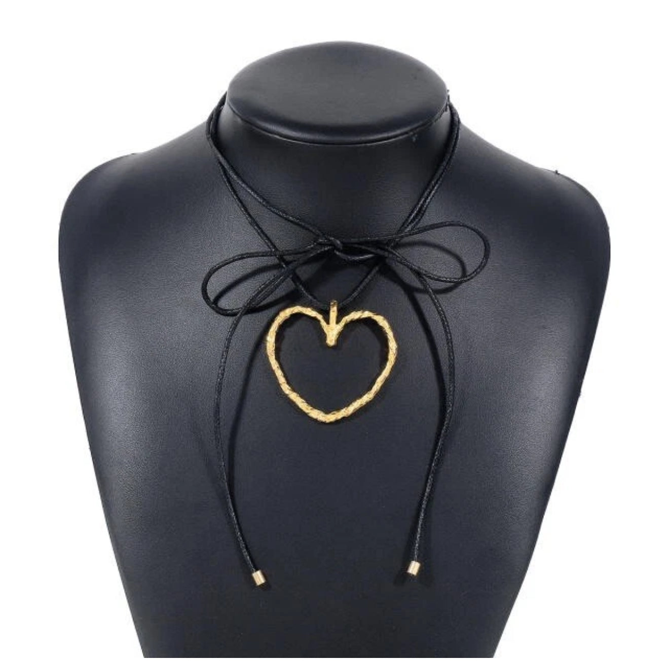 Hollow heart black wax rope strappy choker necklace