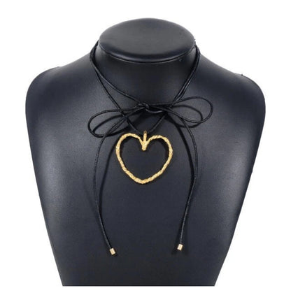 Hollow heart black wax rope strappy choker necklace