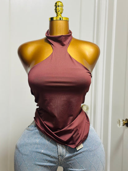 High-Neck Draped Halter Top - Deep Burgundy and Pink