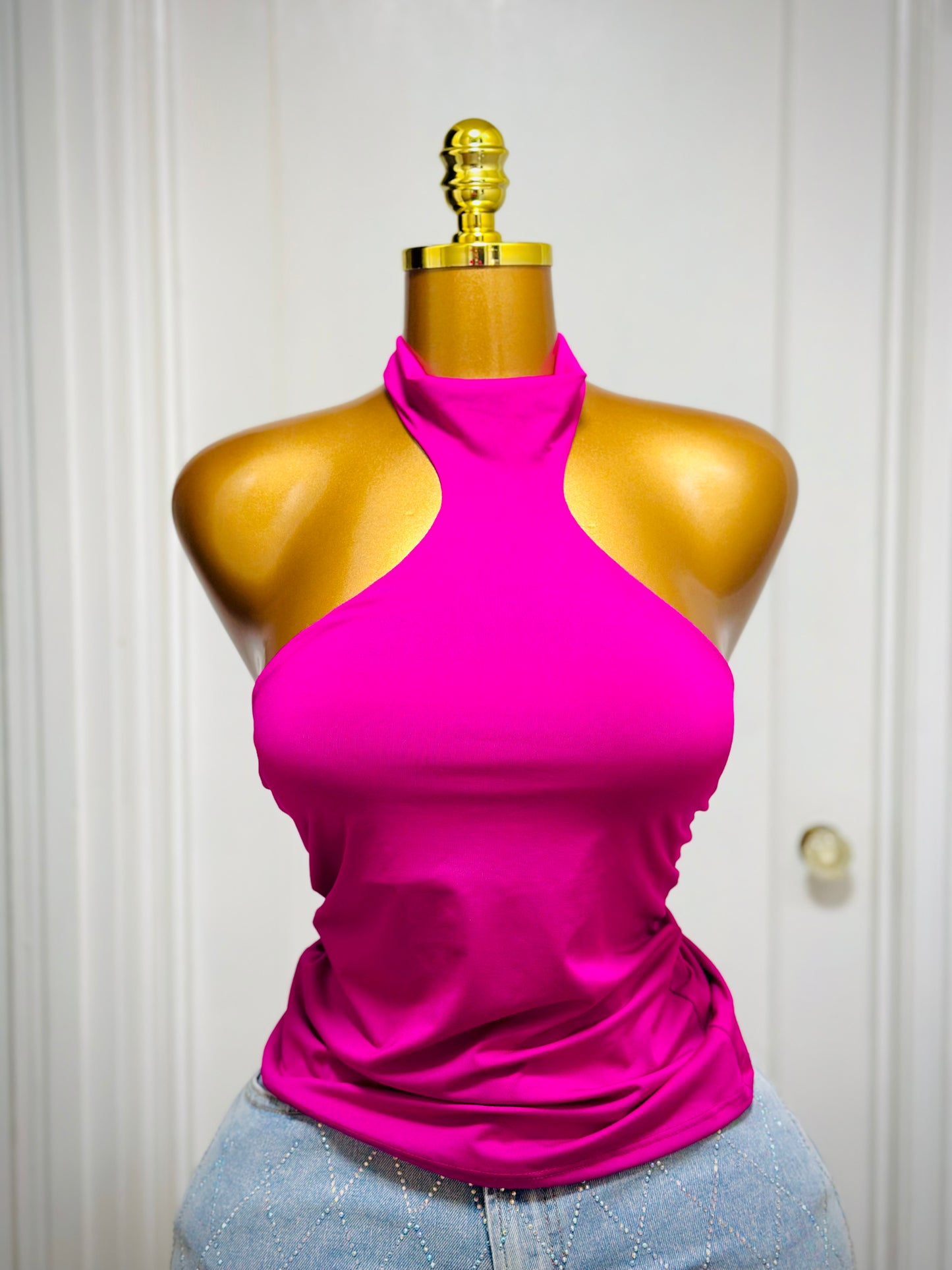 High-Neck Draped Halter Top - Deep Burgundy and Pink