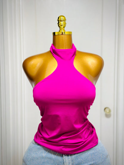 High-Neck Draped Halter Top - Deep Burgundy and Pink