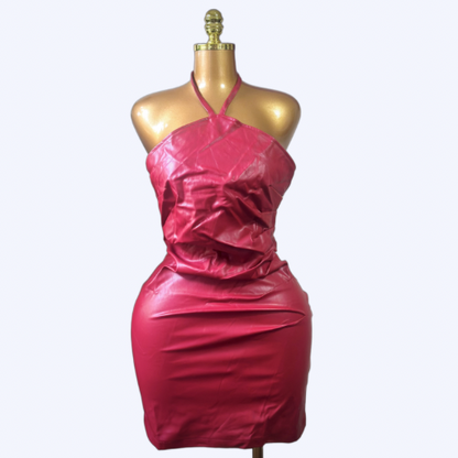Burgundy Faux Leather Halter Mini Dress