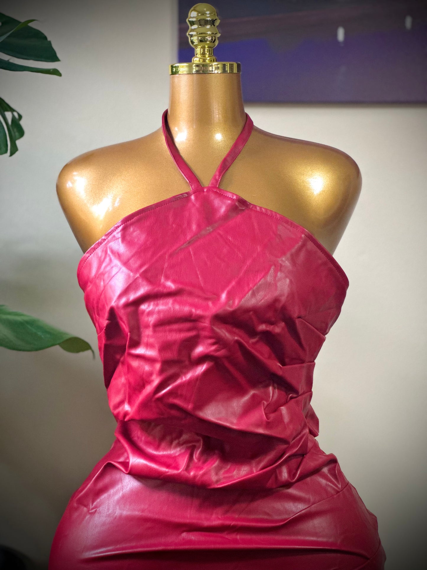 Burgundy Faux Leather Halter Mini Dress