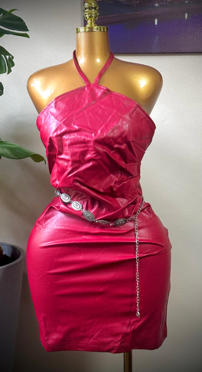 Burgundy Faux Leather Halter Mini Dress