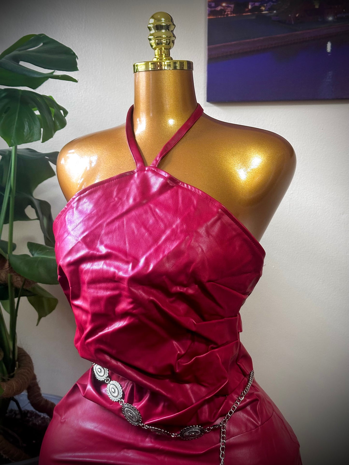 Burgundy Faux Leather Halter Mini Dress