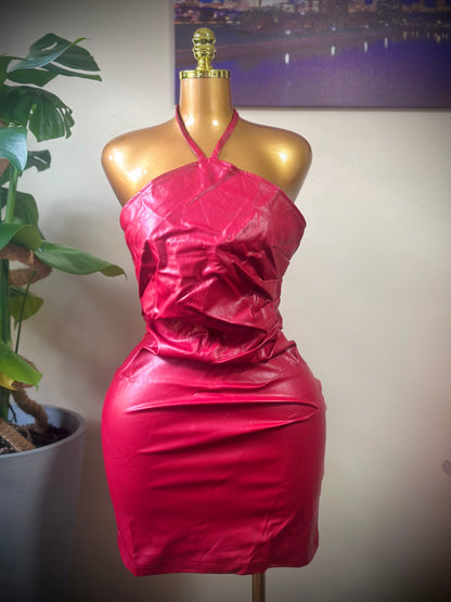 Burgundy Faux Leather Halter Mini Dress