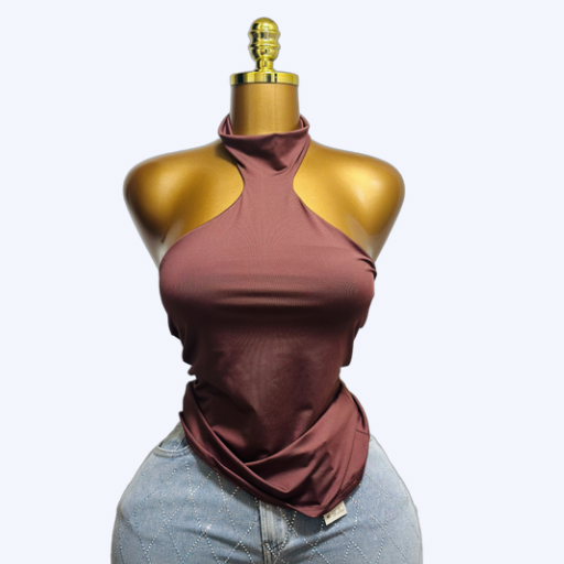 High-Neck Draped Halter Top - Deep Burgundy and Pink